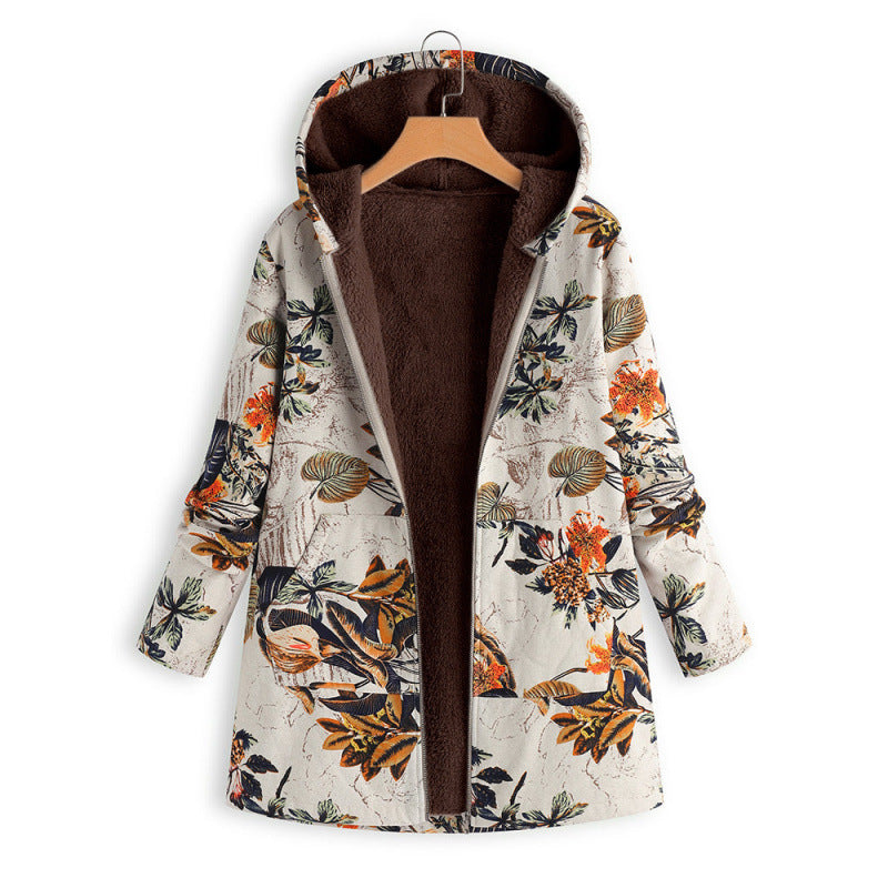 Women's Long-sleeved Zipper Hooded Thickened Composite Printed Dresses