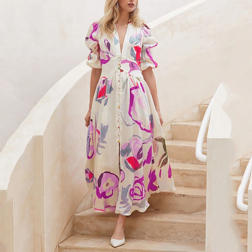 Women's Spring Beach Slim Fit Large Swing Elastic Printing Dress