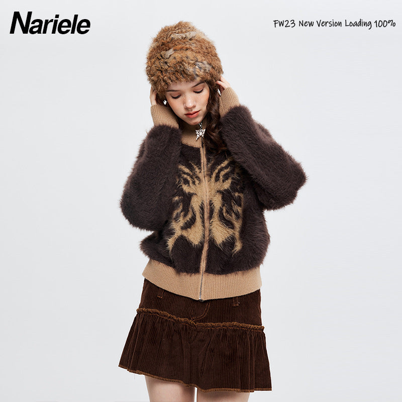 Mohair Stand Collar Butterfly Embroidery Zipper Sweaters