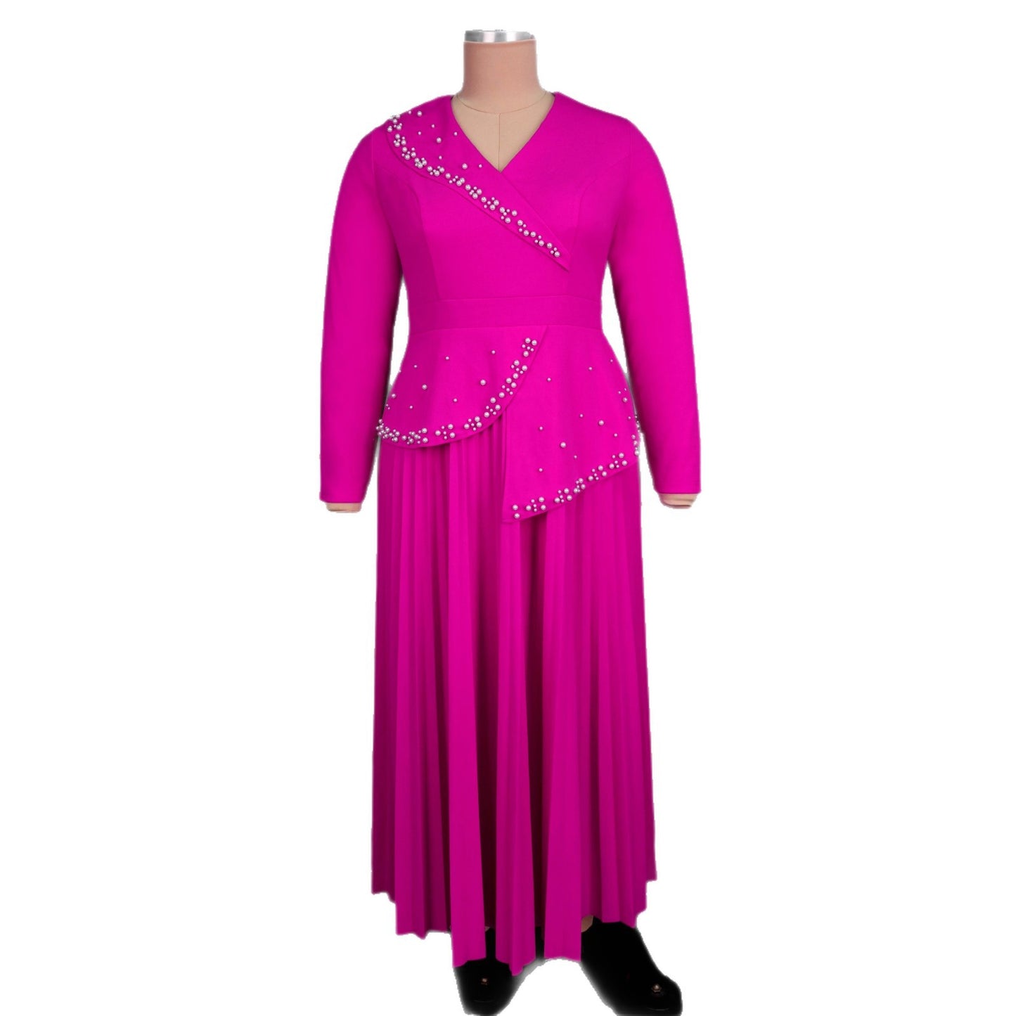 Women's Lapel Rose Red Beaded Pleated Ruffled Dresses