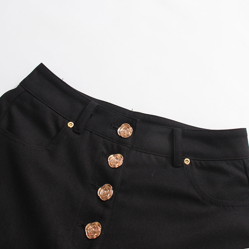 Women's Model Style Fashion Casual Button Rivet Design High Waist Pants