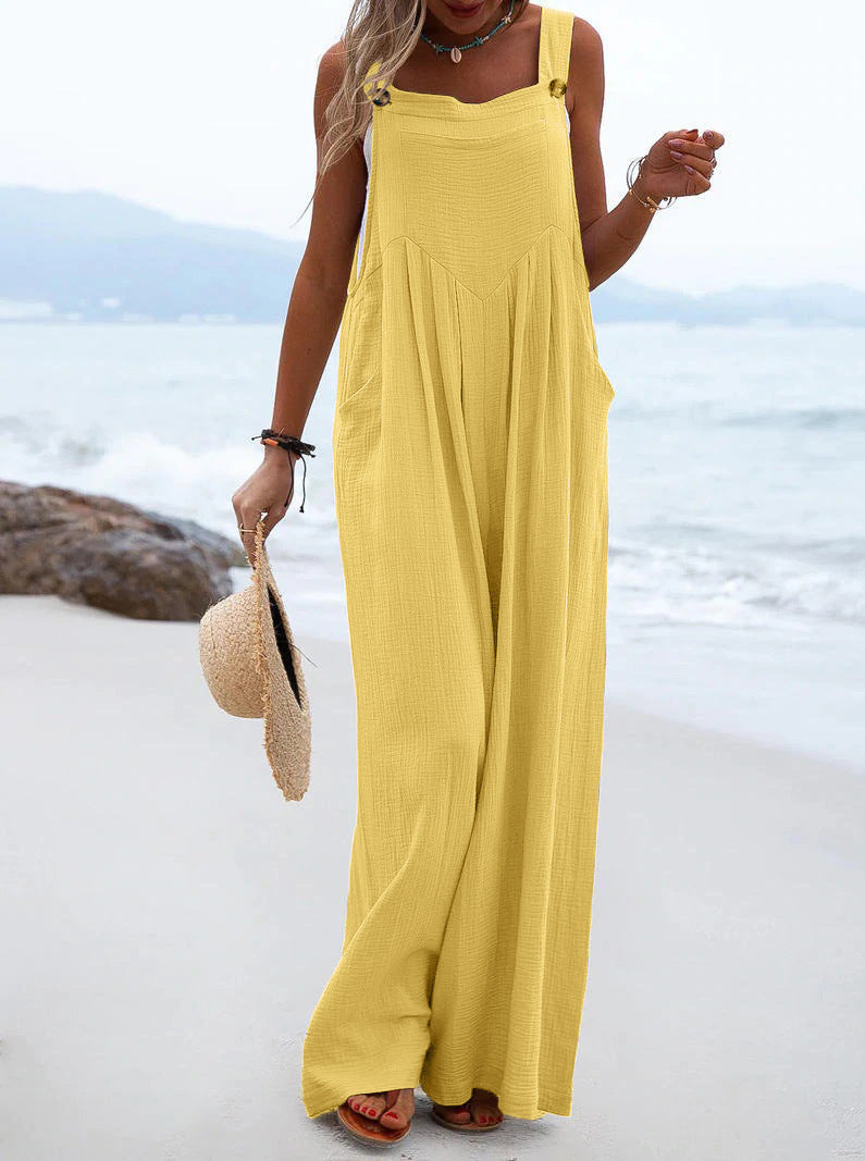 Women's Style Fashion Button Solid Color Wide Jumpsuits