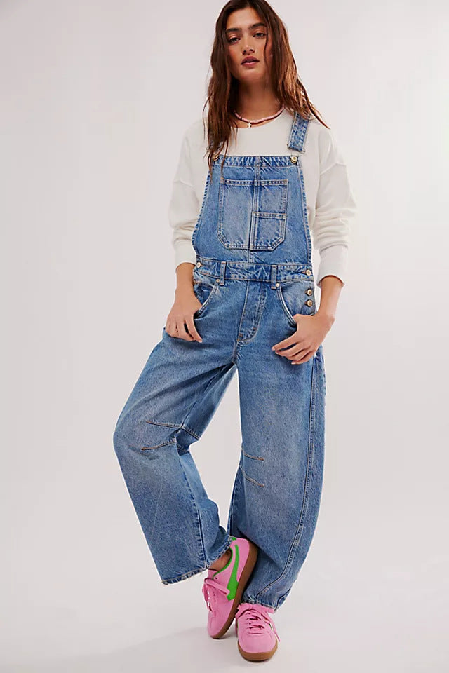 Women's Street Washed-out Vintage Loose Straight Suspender Women's Jeans