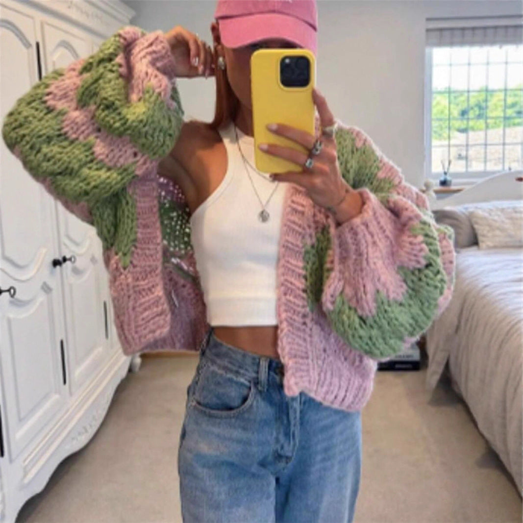 Women's Casual Jacquard Knitted Contrast Color Ladies Sweaters
