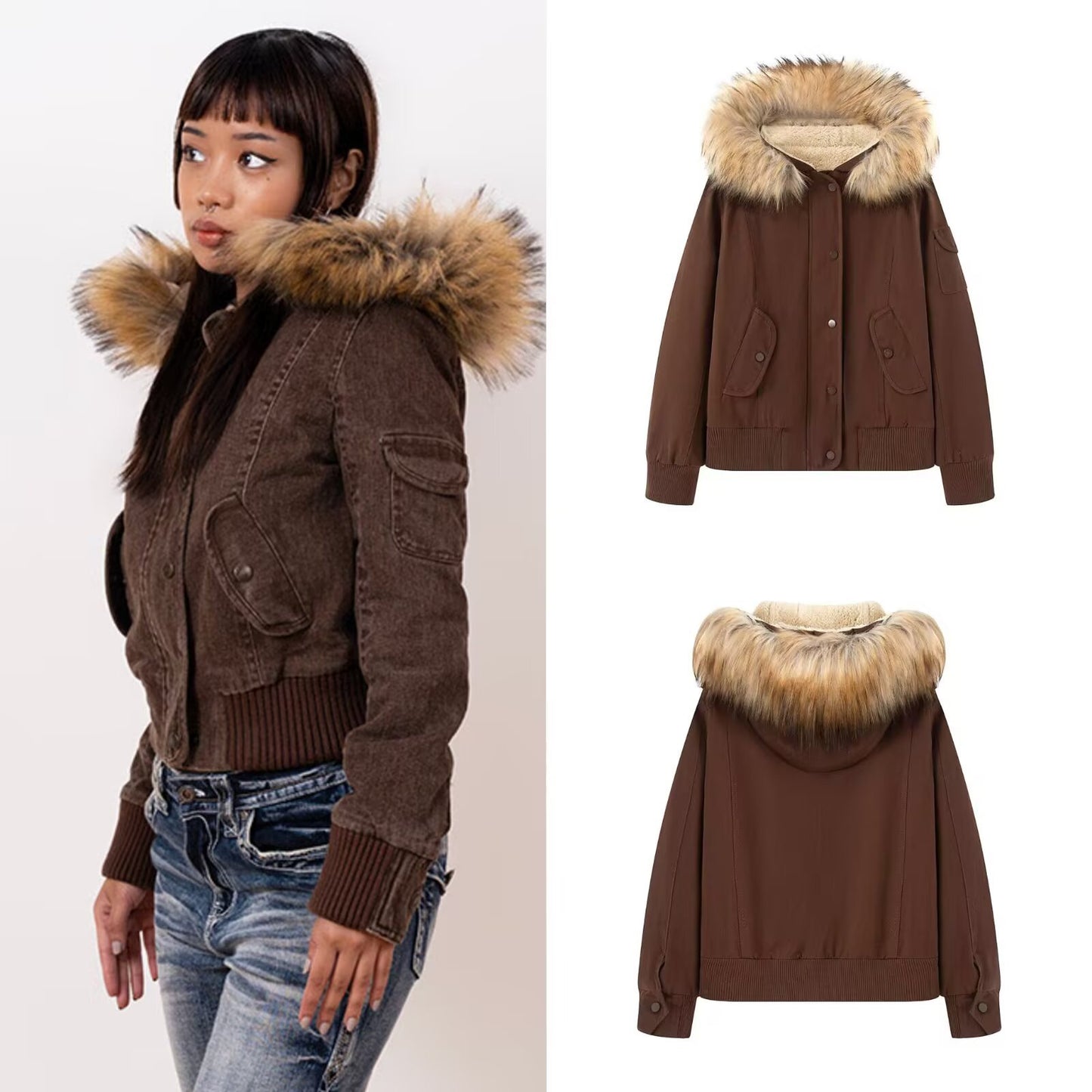 Women's Fur Collar Hooded Retro Brown Slimming Versatile Jackets