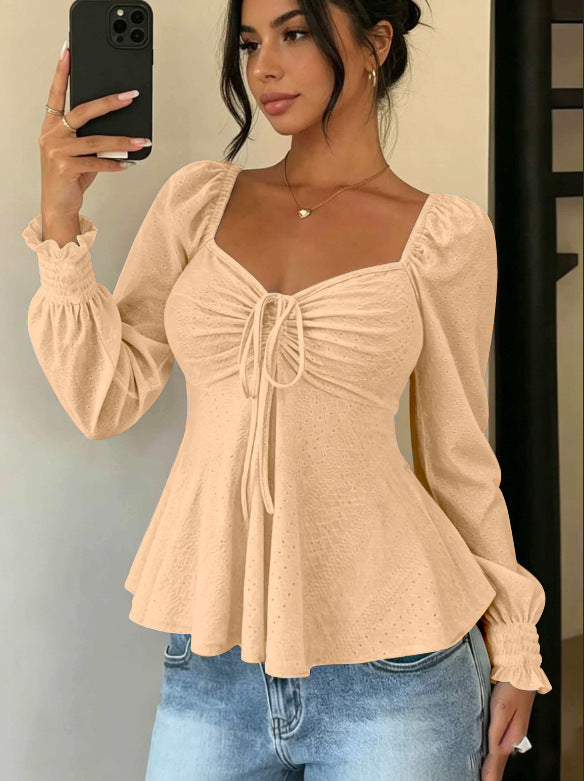 Women's Drawstring Smocking Sexy Sleeve Solid Color Women's T-shirt
