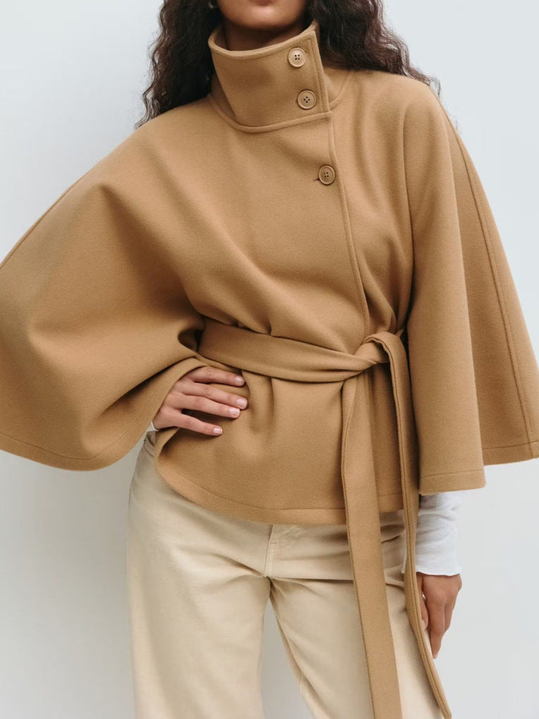Women's Solid Color Cloak Stand Collar Button Coats