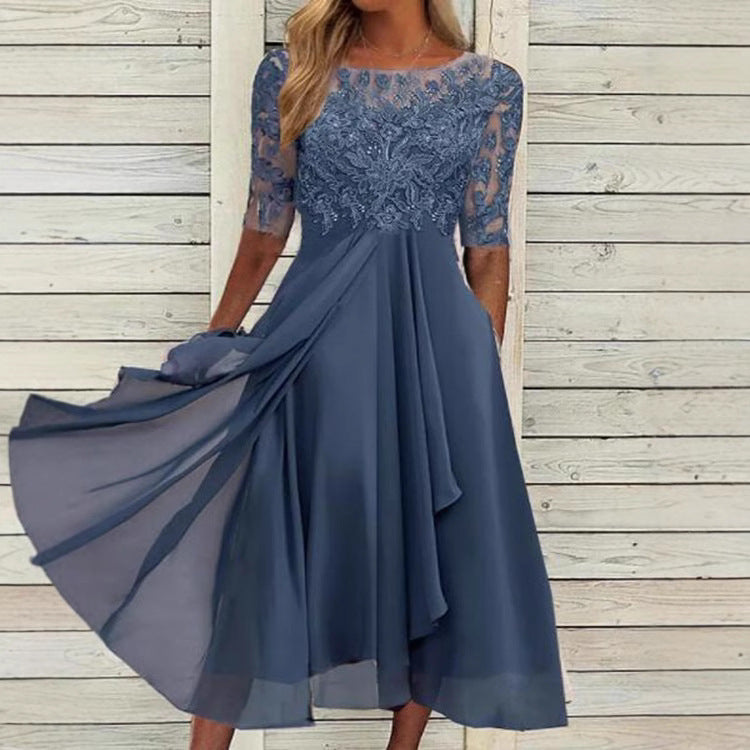 Women's Bridesmaid Dress Lace Mid Sleeve Chiffon Dresses