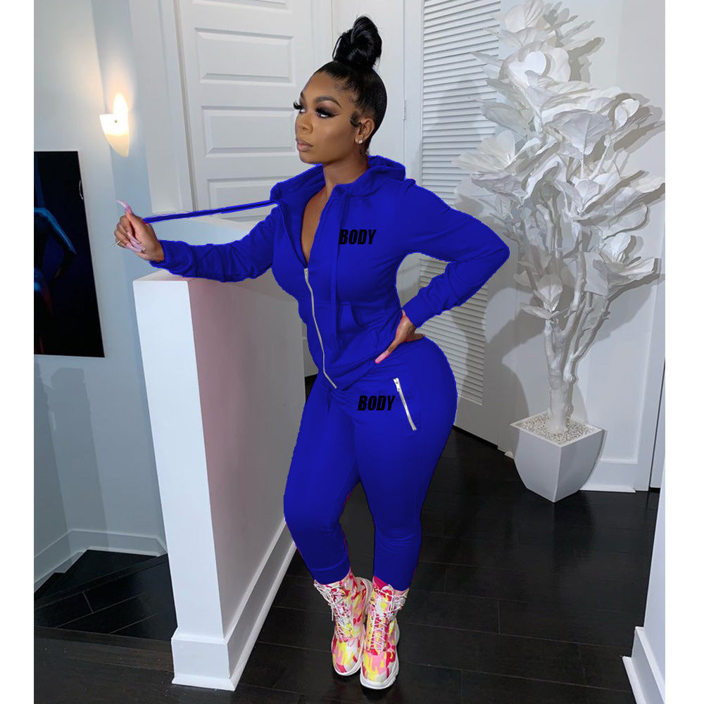 Women's Autumn Letters Printing Personality Zipper Two-piece Suits