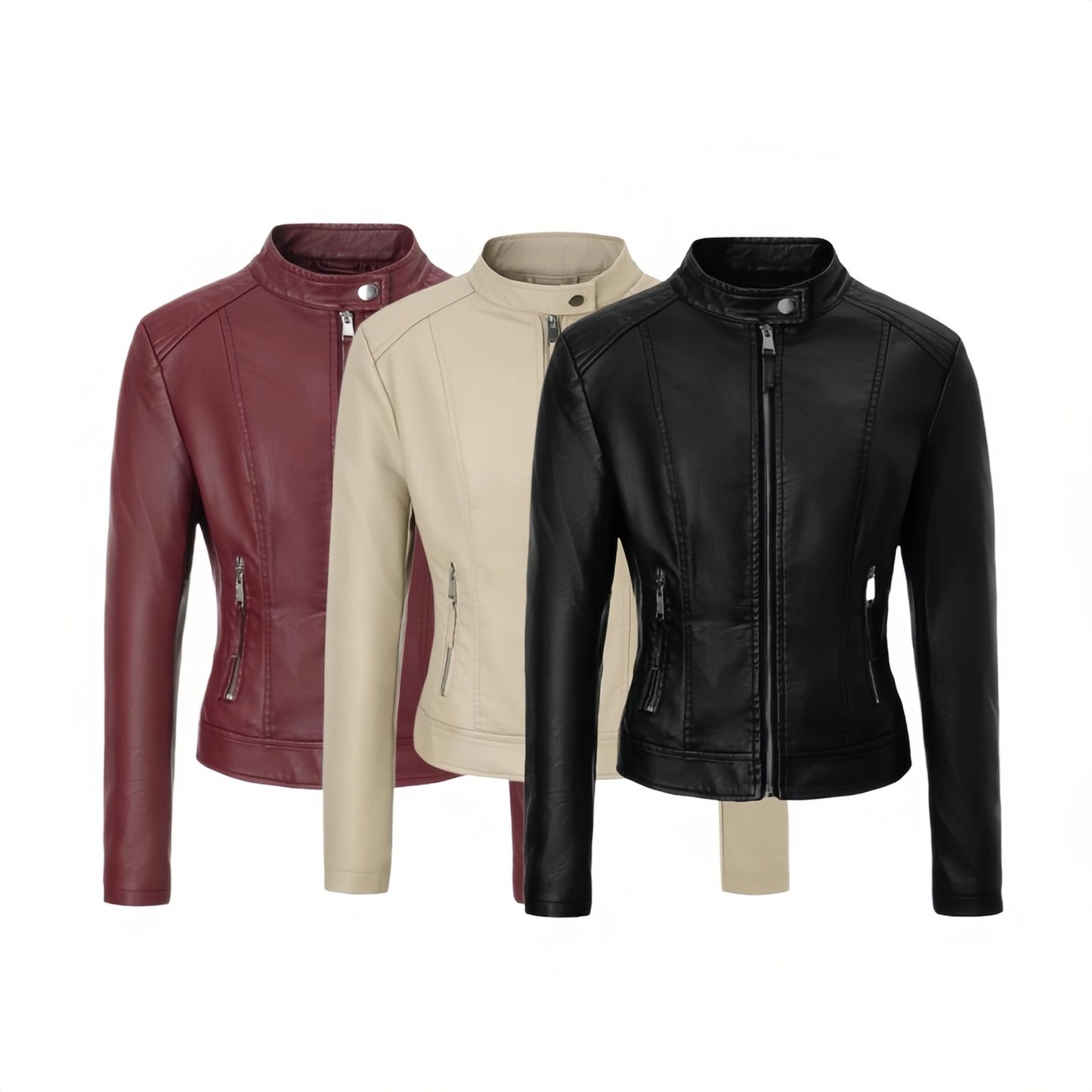 Women's Three-color Stand Collar Zipper Leather Pocket Jackets