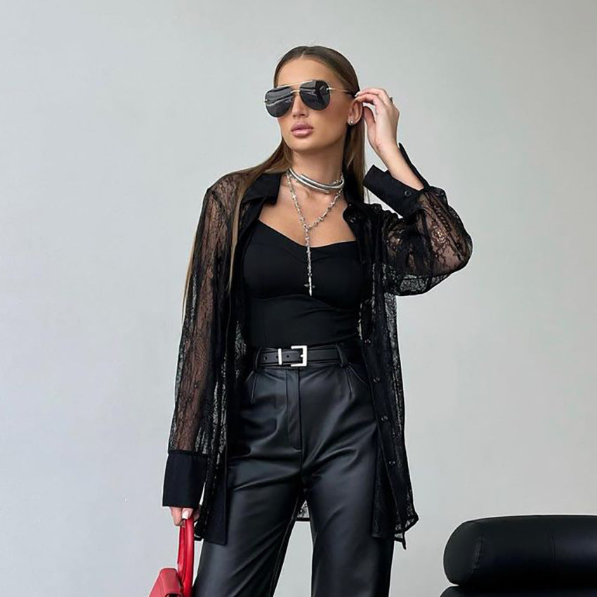 Women's Sexy Lapel Long Sleeve Lace Shirt Blouses