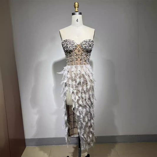 Feather Rhinestone Beaded Sexy High Split Tube Dress Birthday Dresses