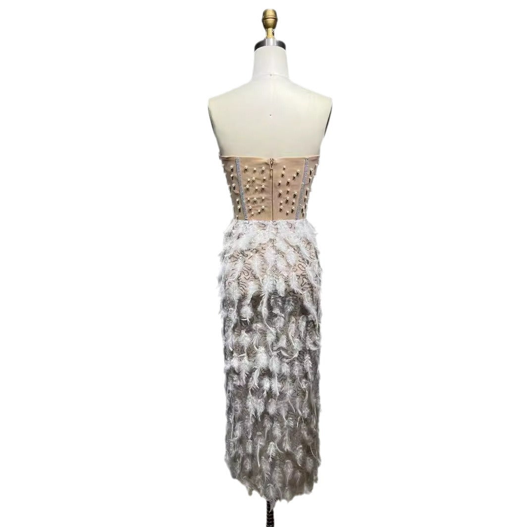 Feather Rhinestone Beaded Sexy High Split Tube Dress Birthday Dresses