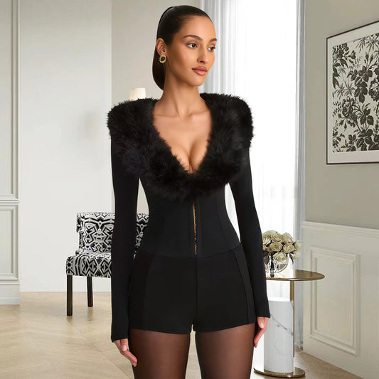 Women's Luxury Fur Collar Sexy Slim Autumn Fashion For Jumpsuits