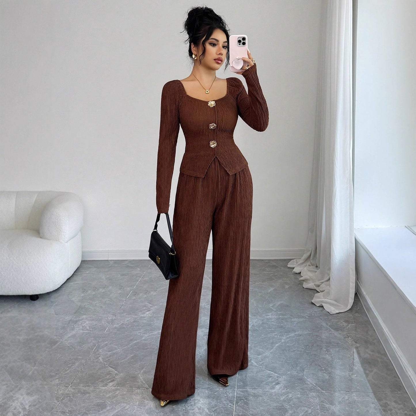 Women's Knitted Solid Color Square-cut Collar Metal Suits