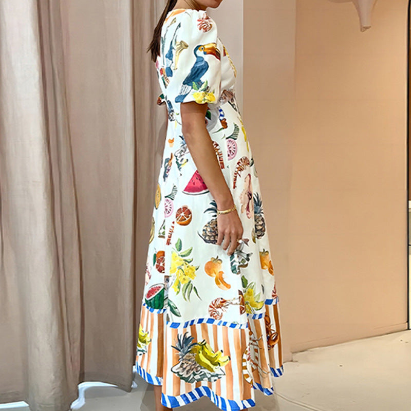 Women's Sweet Printed Round Neck Large Swing Dresses