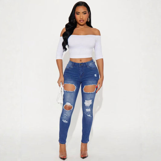 Women's High Waist Ripped Skinny Slimming Washed Women's Jeans