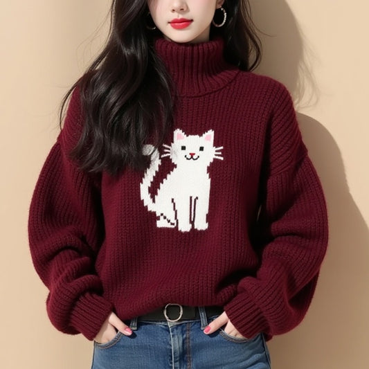 Women's Red Kitten Turtleneck Thick Winter Idle Style Sweaters