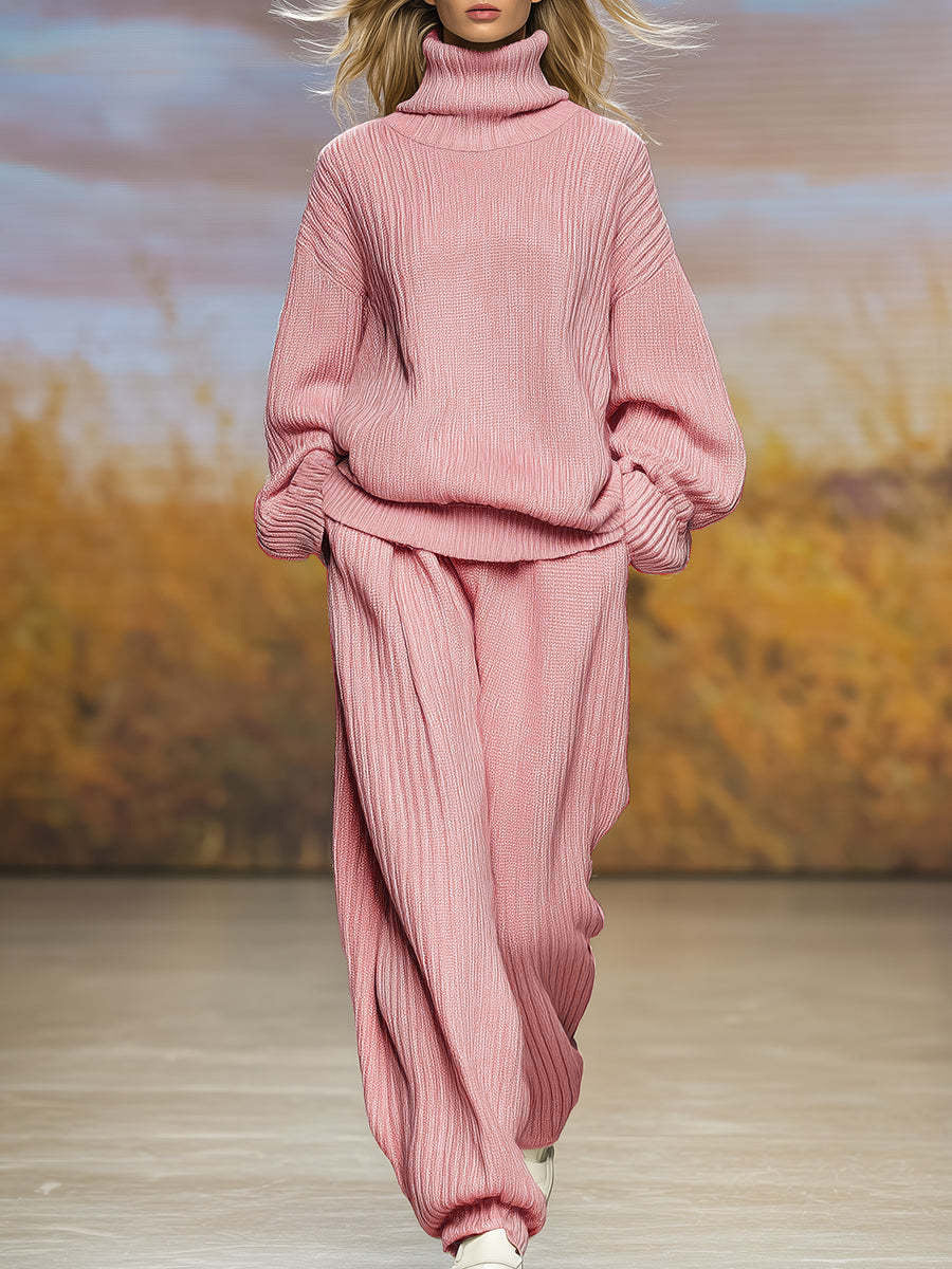 Leisure Knitted Loose Turtleneck Wide Leg Suits