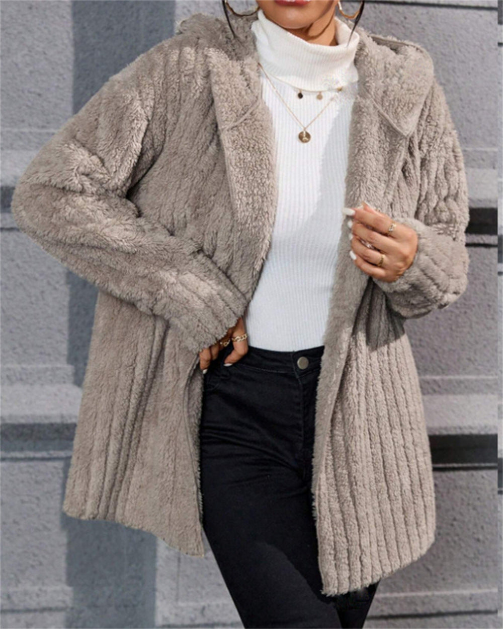 Warm Fashion Vertical Stripe Double-sided Hooded Women's Sweater, Sweater