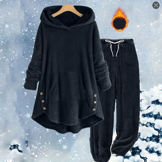 Women's Casual Solid Color Plush Hooded Long Sleeve Suits