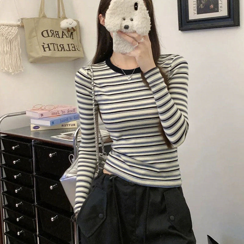 Women's Contrast Color Round Neck Striped Long-sleeved American Women's T-shirt