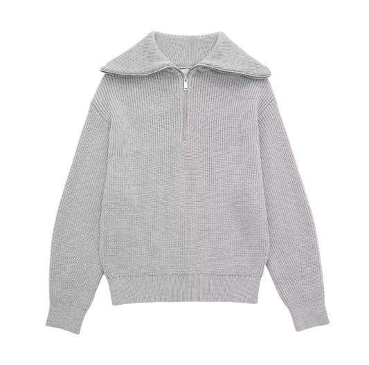 Women's Fashion Loose Half Zipper Lapel Pullover Knitwear