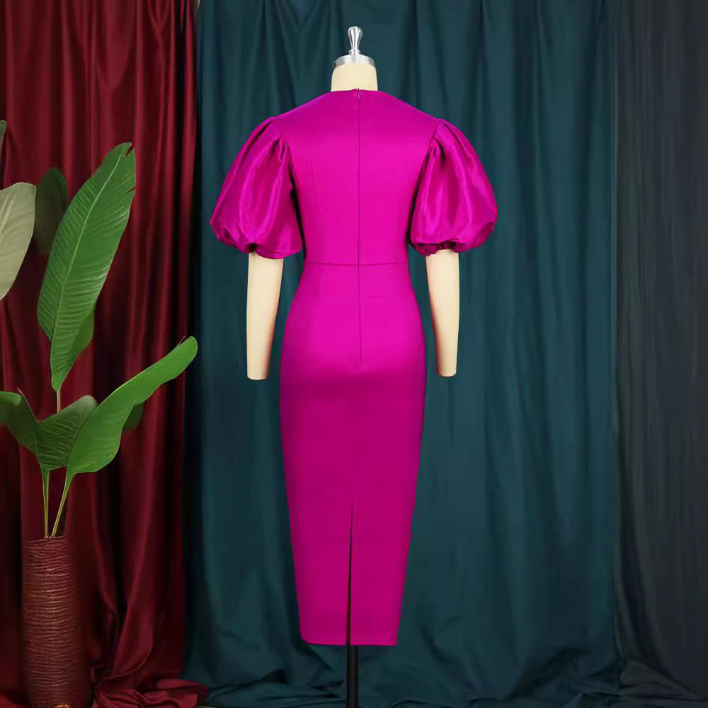Women's Puff Sleeve High Waist Dress Long Dresses
