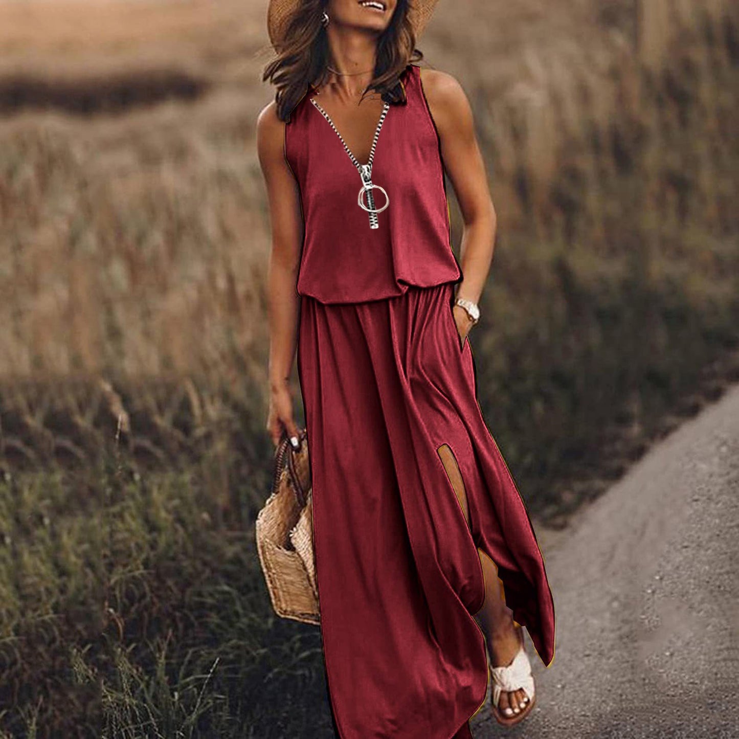 Women's Sleeveless Long Casual Waist Zipper Letter Dress