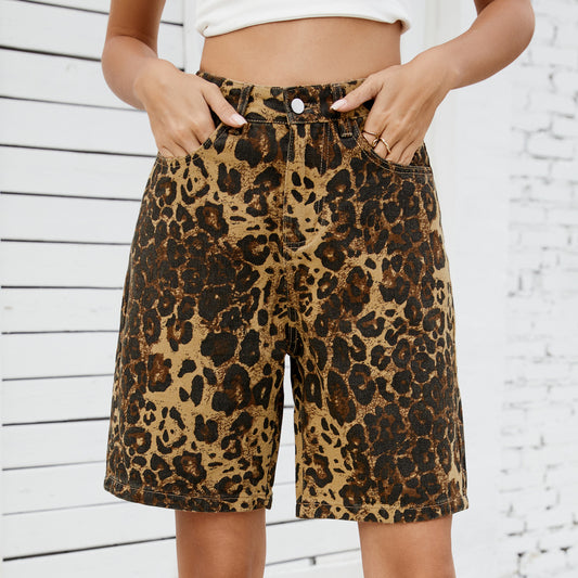 Summer Washed Casual Retro Leopard Print Shorts