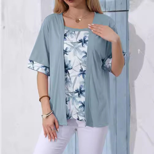 Women's Solid Color Printing Stitching Faux Two-piece Women's T-shirt