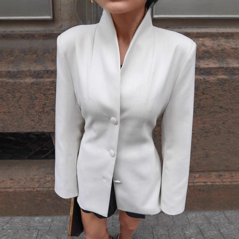 Women's Fashion White Stand Collar Autumn Temperament Blazers