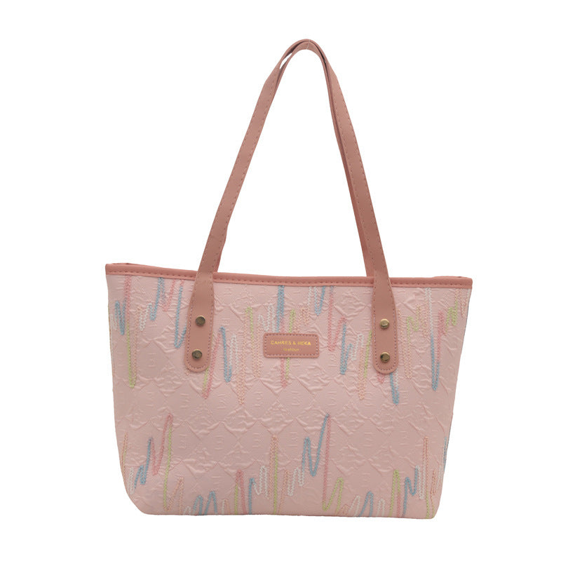 Women's Fashion Pure Color Trendy Embroidery Thread Leisure Commute Tote Bags