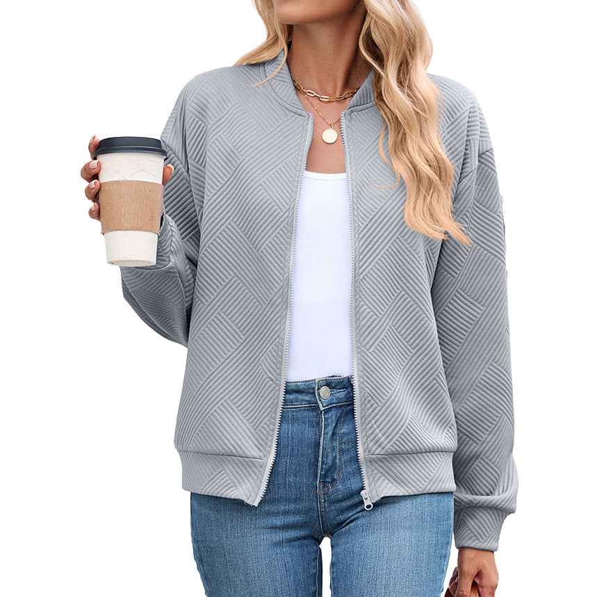Solid Color Round Neck Loose Zip Long Sleeve Uniform
