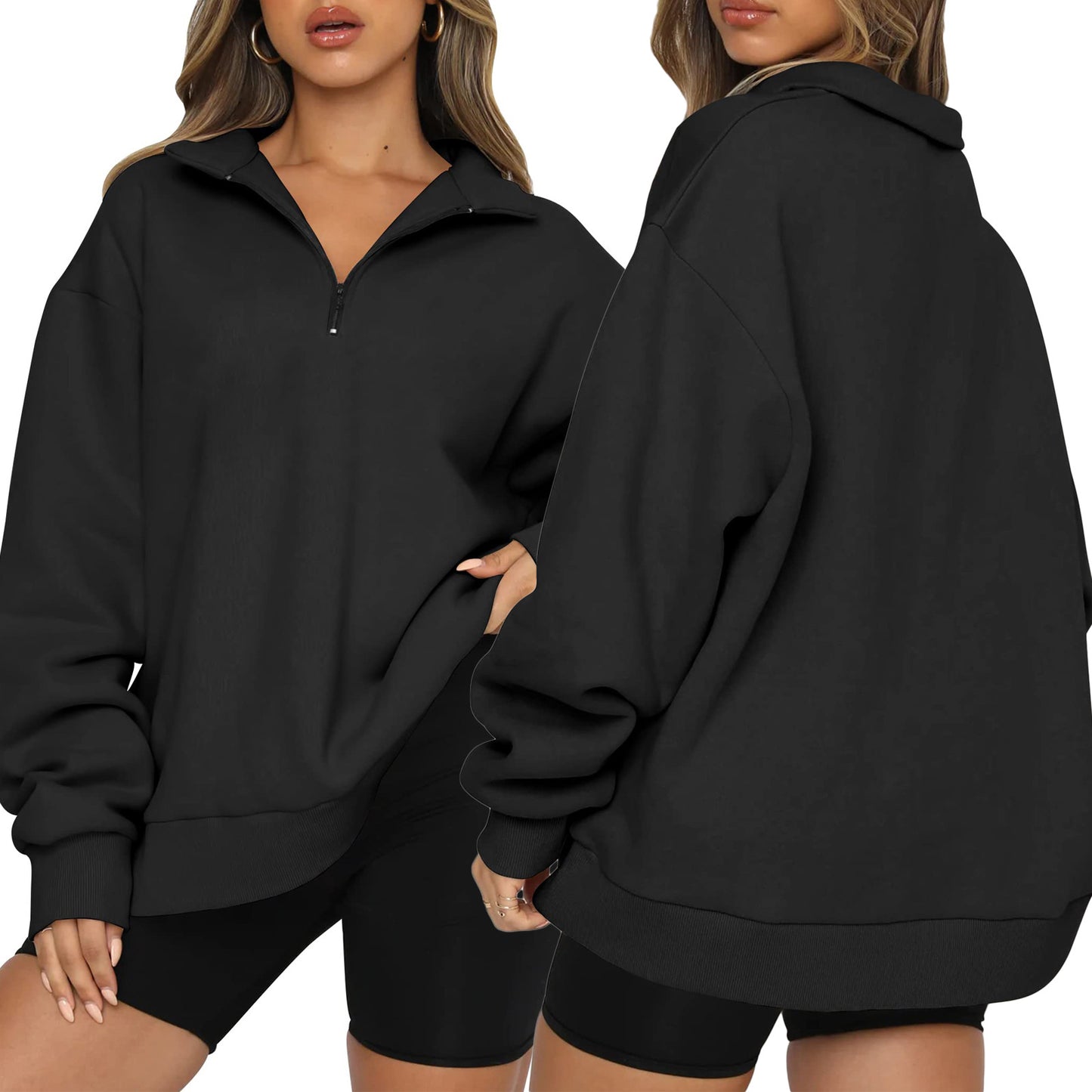 Women's Zipped Stand Collar Pullover Pocket Casual Loose Women's Sweater, Sweater