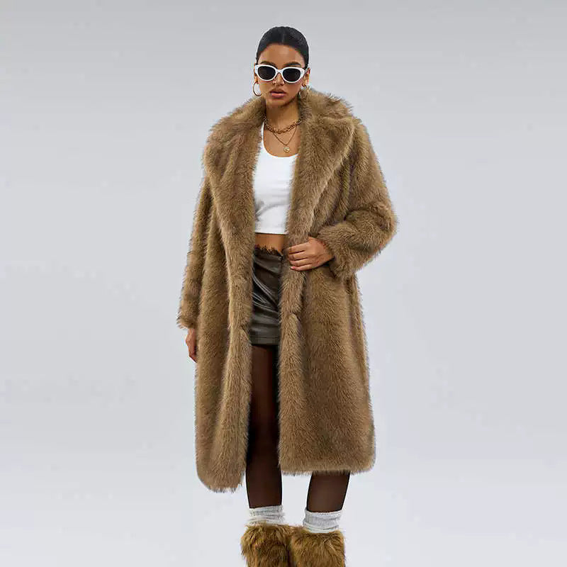 Women's Extended Imitation Fur Collar Overcoat Artificial Coats