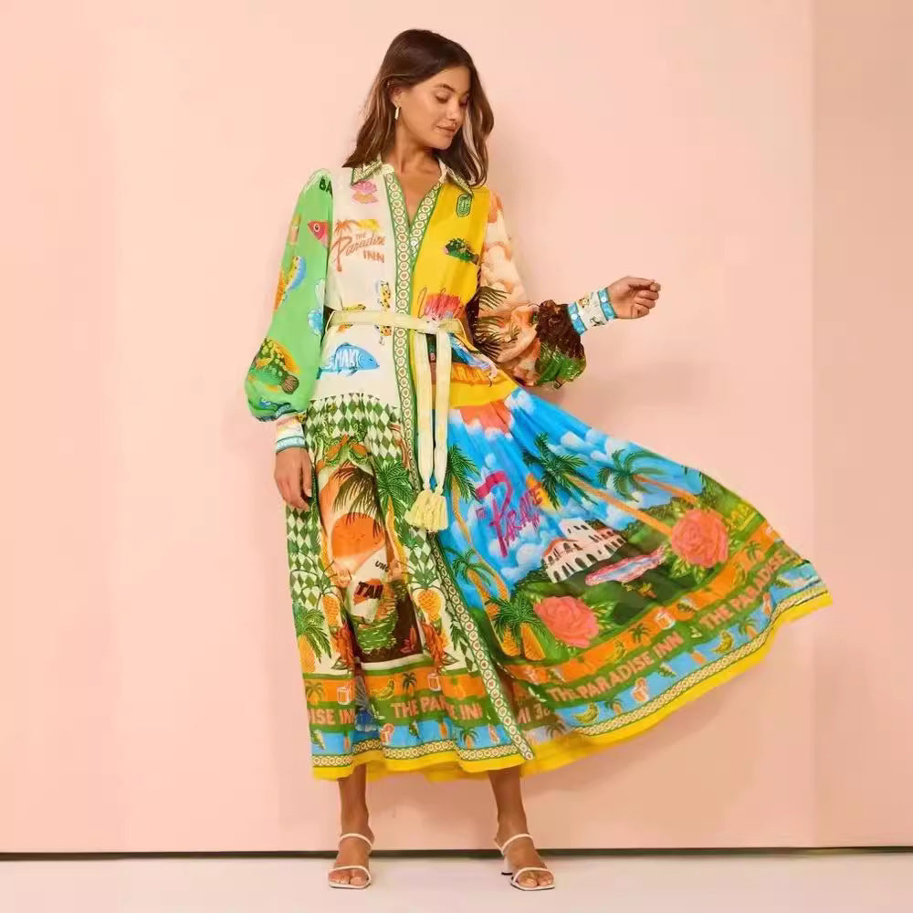 Single-breasted Long Lantern Sleeve Iti Printing Dress