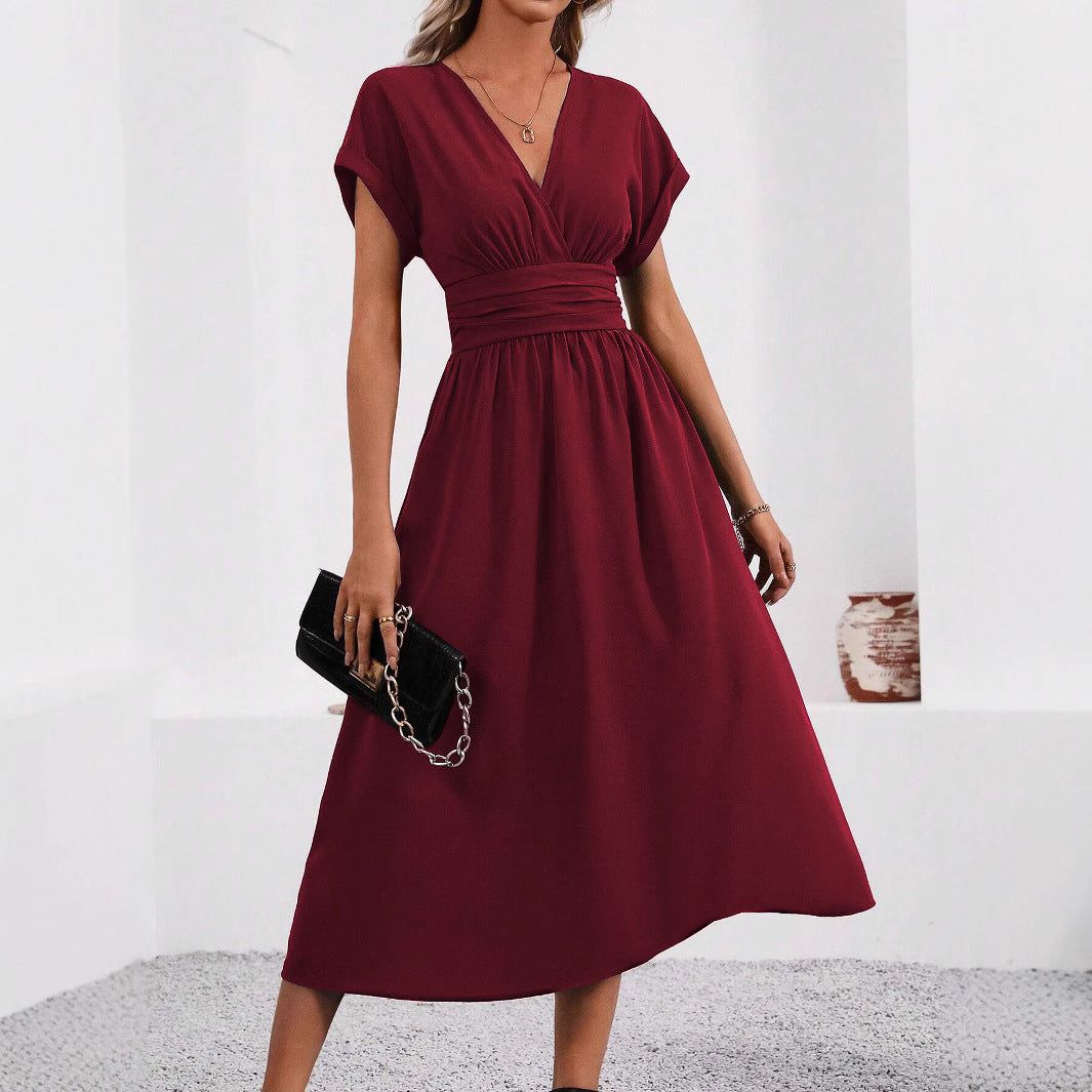 Women's Color Overlapping Batwing Sleeve Waist Pleated Long Dress
