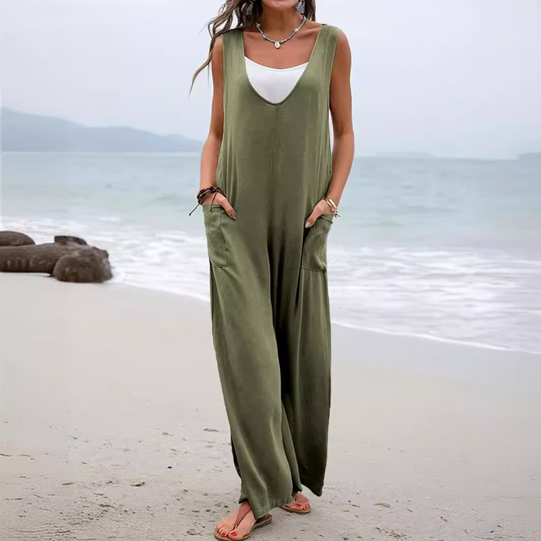 Women's Fashion Pure Color Stickers Bags Suspender Pants