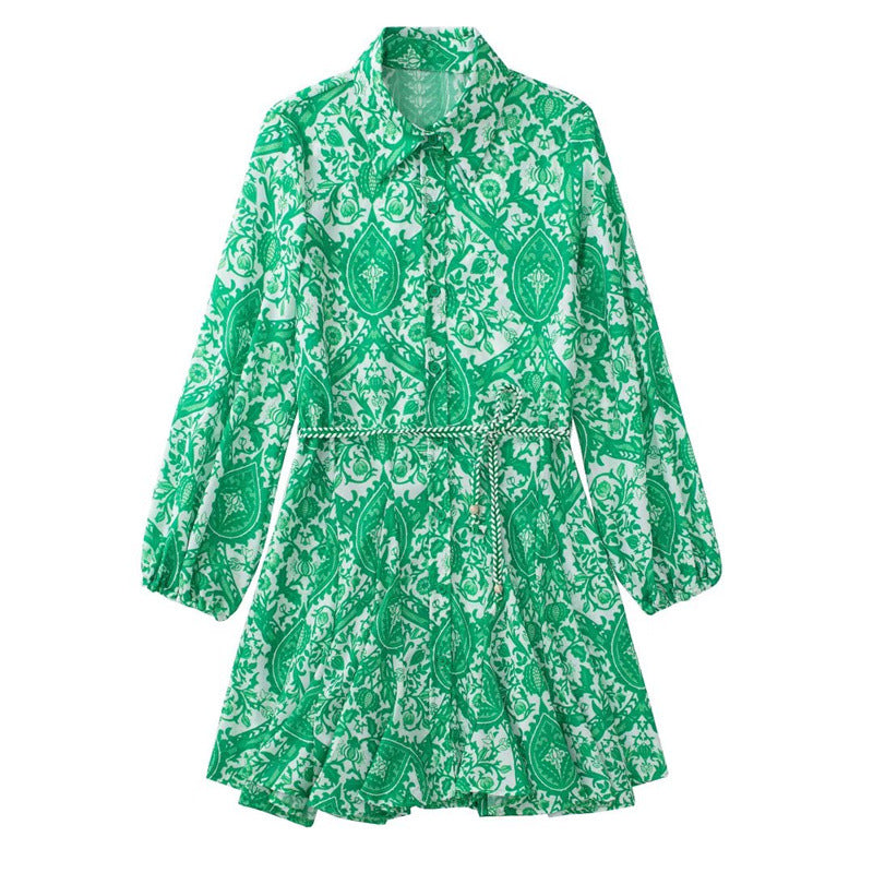 Women's Summer Lace Printing Long-sleeved Shirt Dress Dresses