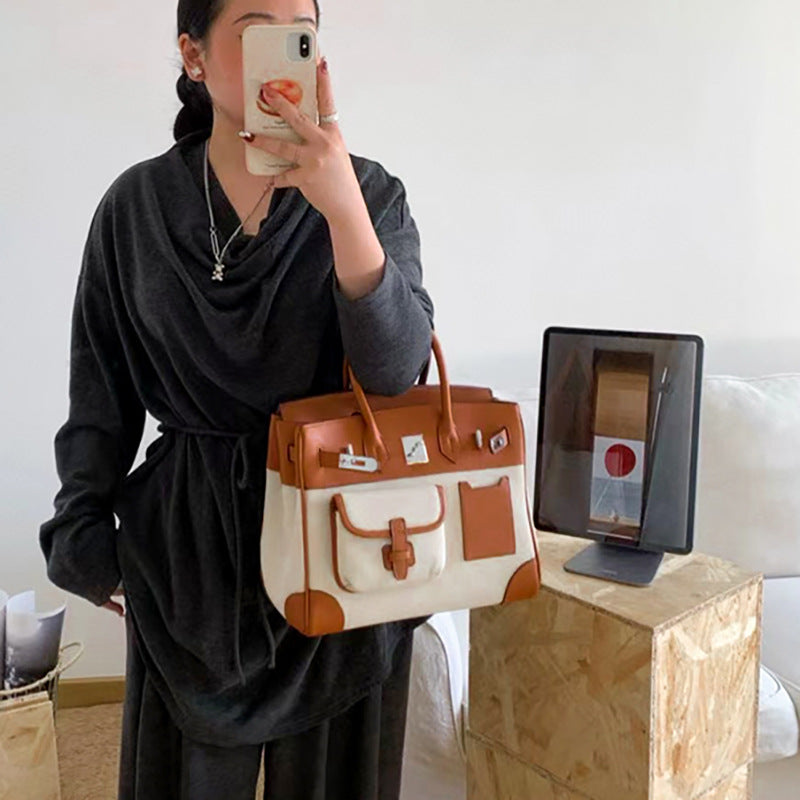 Women's Contrast Color Canvas Stitching Large Bags