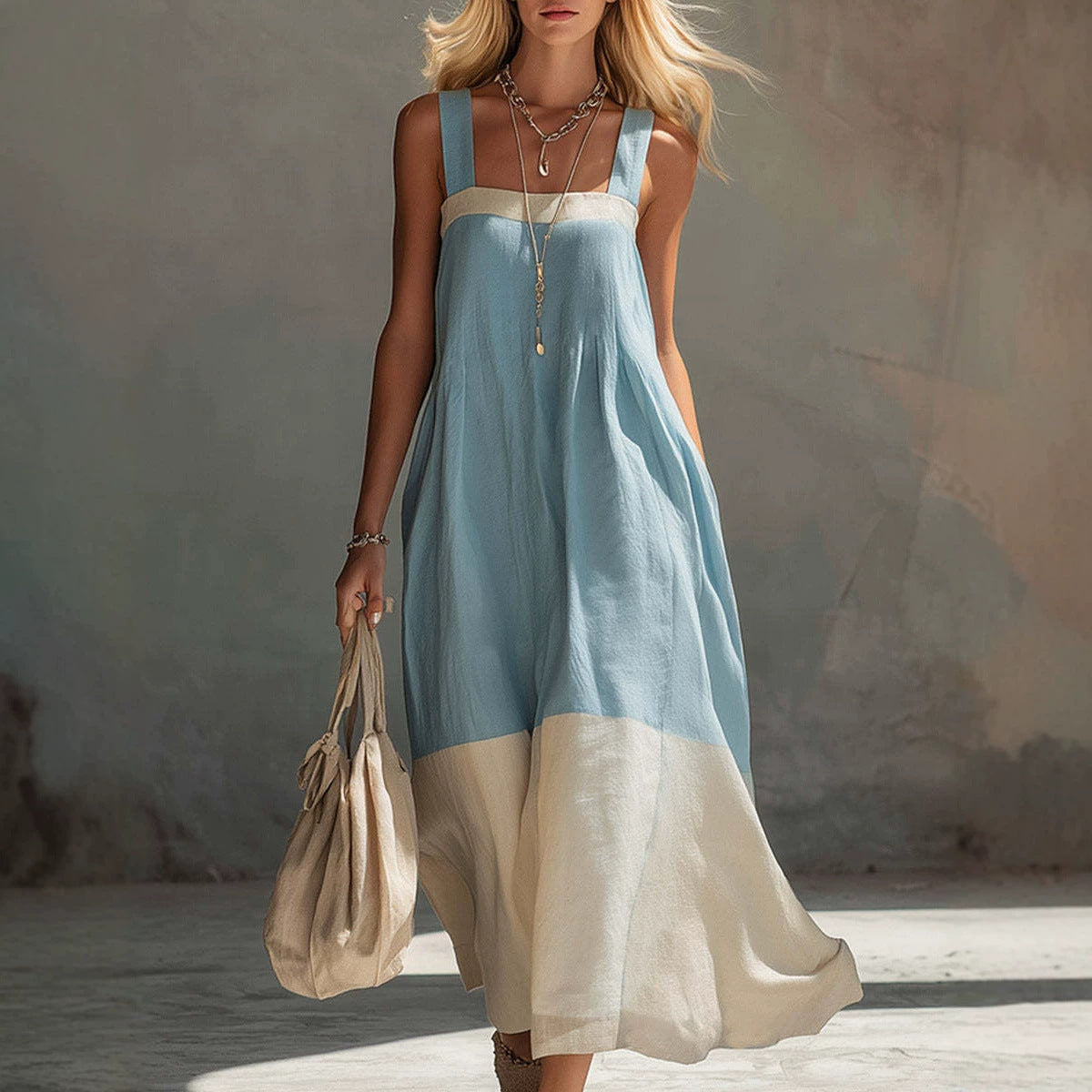 Women's Color Contrast Patchwork Temperament Camisole Long Dress