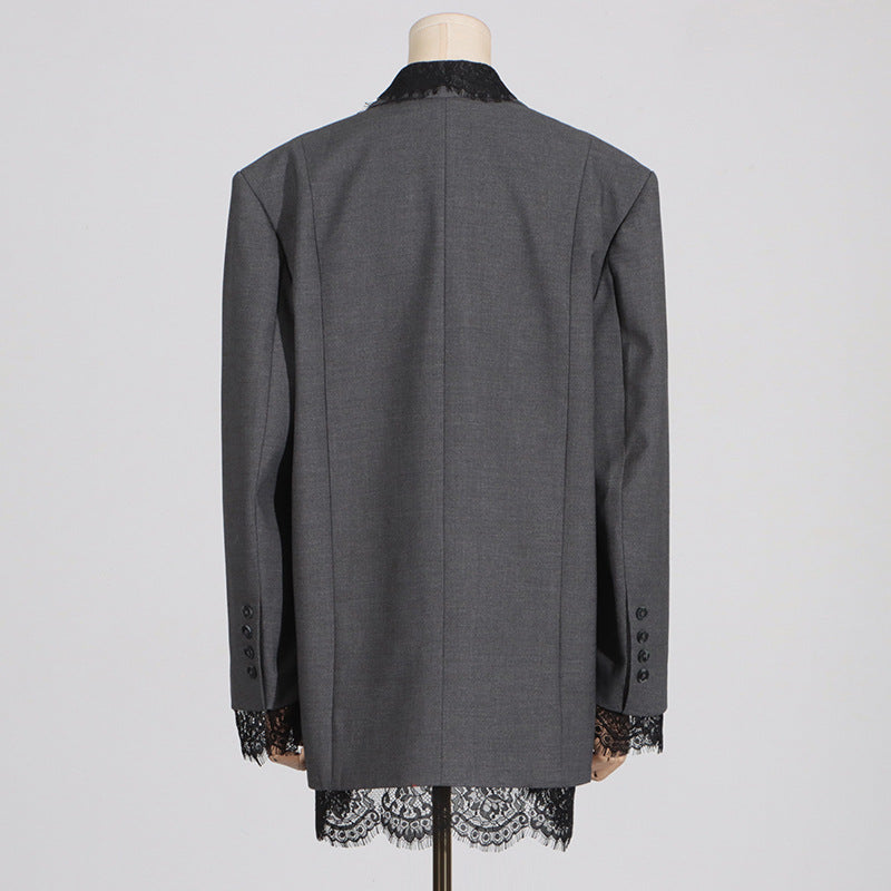 Women's Fashionable Spring Lace Stitching Design Long Blazers