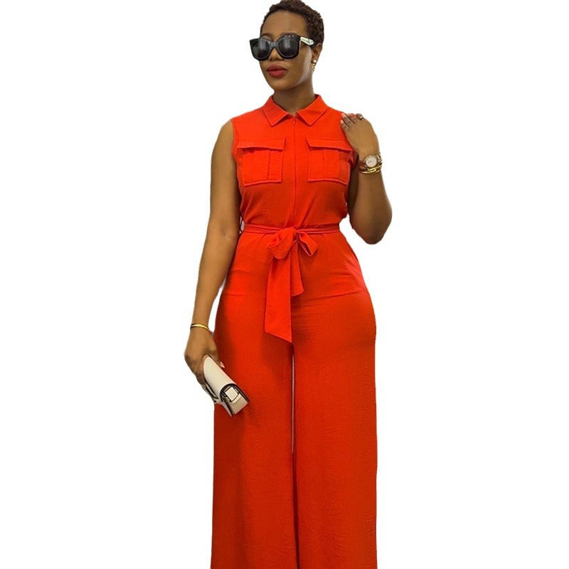 Women's Spring Lapel Pocket Waist Trimming Loose Jumpsuits