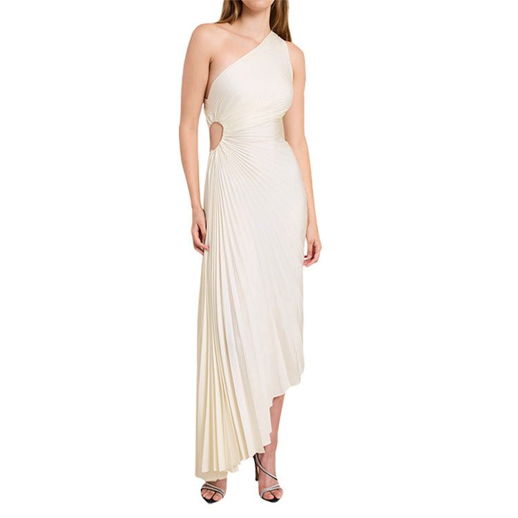 Women's Diagonal Collar Pleated Hollow Dress Satin Dresses