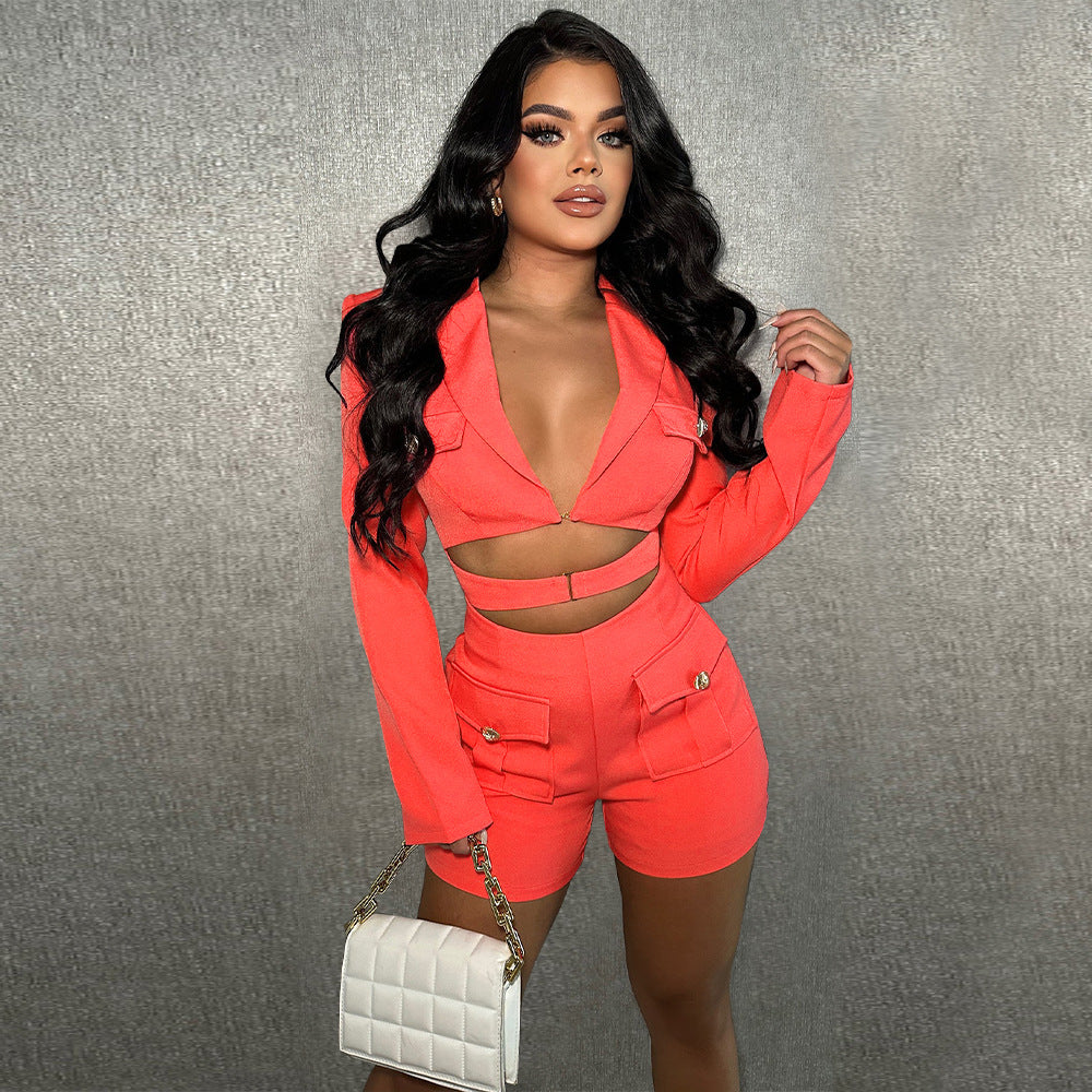 Women's Wear Pocket Sexy Deep V Solid Jumpsuits