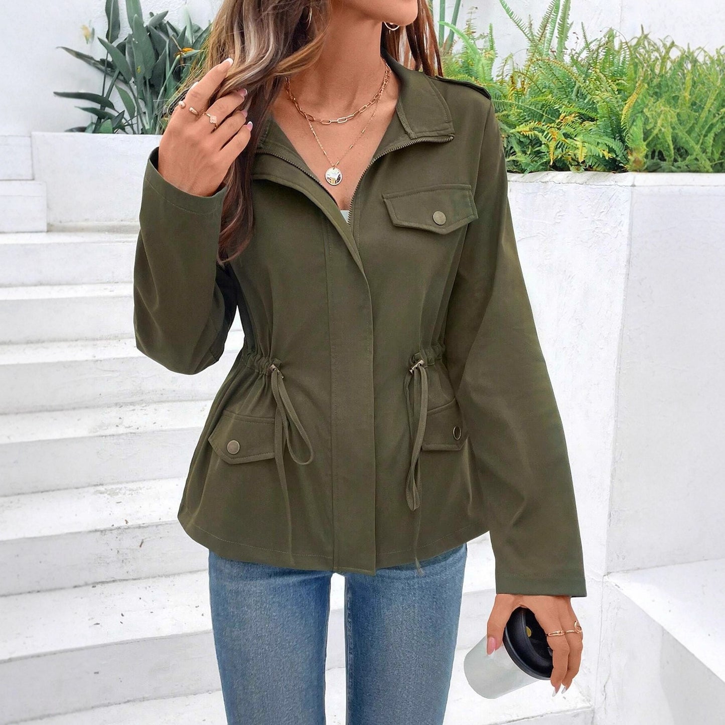 Women's Solid Color Long Sleeve Casual Drawstring Coats