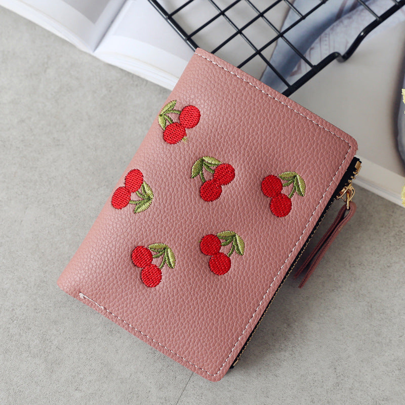 Women's Style Vertical Cherry Embroidery Short Fashion Ladies Wallets