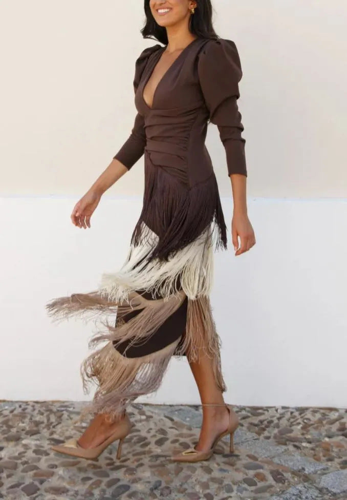 Elegant Autumn Fashion Deep Tassels Long Dresses