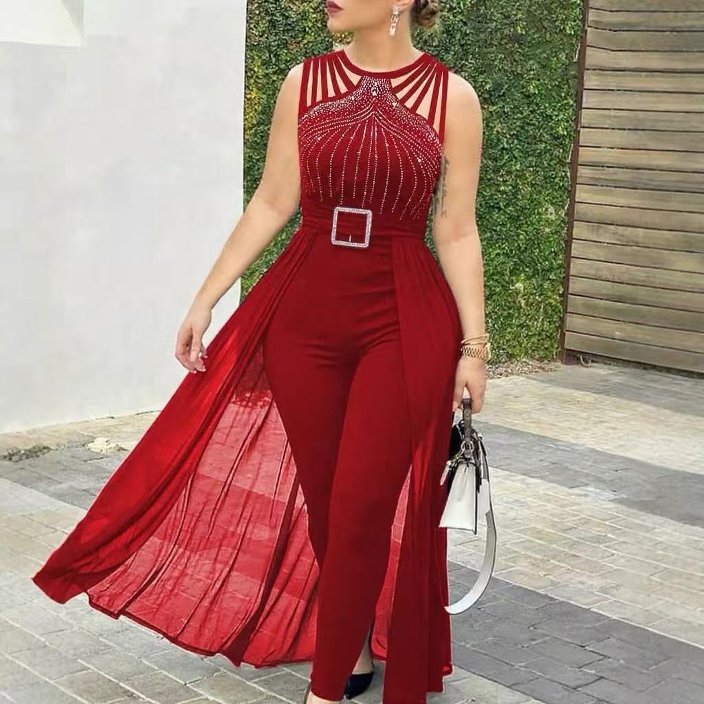 Black Sleeveless Strap Rhinestone Design Cinched Jumpsuits